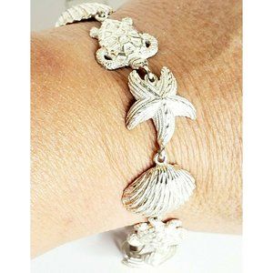 Sterling Silver Sea Life Bracelet Shells, Turtles and Starfish 8" NWT 31 Grams